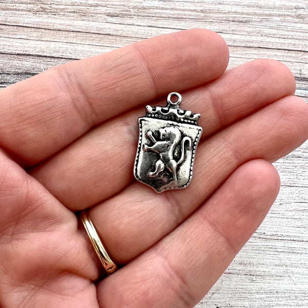 Load image into Gallery viewer, Lion Shield, Heraldry, Strength Talisman, Antiqued Silver Charm, Jewelry Making, PW-6230
