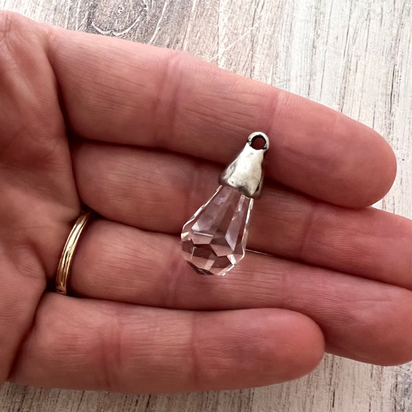 Load image into Gallery viewer, Small Chandelier Crystal Prism Drop Charm, Rounded Clear with Silver Pewter Bead Cap, Jewelry Making Artisan Findings, PW-S028
