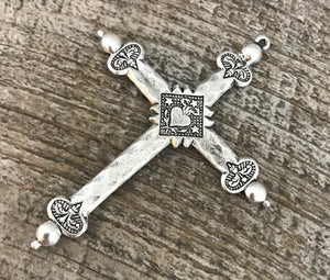 Sacred Heart Cross, French Jeannette Cross, Floral Cross Pendant, Silver Cross, Catholic Rosary Parts, Religious Jewelry Supply, SL-6045
