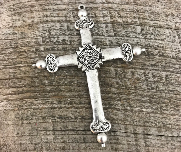 Load image into Gallery viewer, Sacred Heart Cross, French Jeannette Cross, Floral Cross Pendant, Silver Cross, Catholic Rosary Parts, Religious Jewelry Supply, SL-6045

