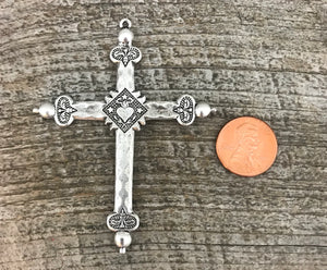 Sacred Heart Cross, French Jeannette Cross, Floral Cross Pendant, Silver Cross, Catholic Rosary Parts, Religious Jewelry Supply, SL-6045