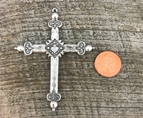 Load image into Gallery viewer, Sacred Heart Cross, French Jeannette Cross, Floral Cross Pendant, Silver Cross, Catholic Rosary Parts, Religious Jewelry Supply, SL-6045
