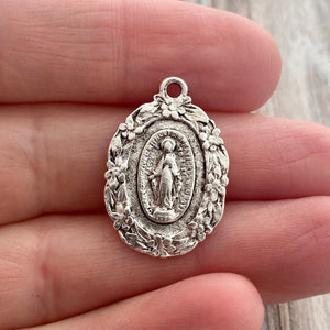 Floral Mary Medal, Antiqued Silver Religious Jewelry Making Charm Pendant, Catholic Jewelry, SL-6203