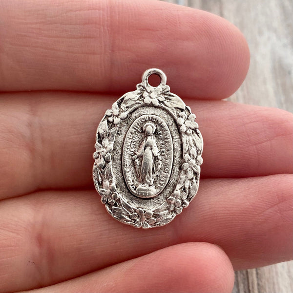 Load image into Gallery viewer, Floral Mary Medal, Antiqued Silver Religious Jewelry Making Charm Pendant, Catholic Jewelry, SL-6203
