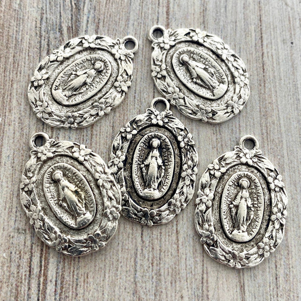 Load image into Gallery viewer, Floral Mary Medal, Antiqued Silver Religious Jewelry Making Charm Pendant, Catholic Jewelry, SL-6203
