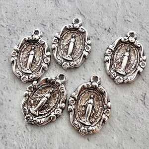 Floral Oval Miraculous Mary Medal, Antiqued Silver Religious Jewelry Making Charm Pendant, Catholic Jewelry, SL-6221