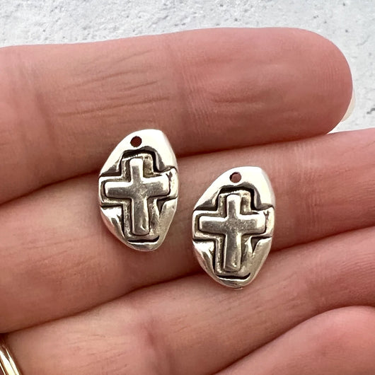 2 Hammered Small Cross Charm, Silver Artisan Cross, Religious, Spiritual Jewelry Making, SL-6226