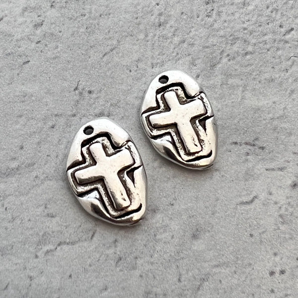 Load image into Gallery viewer, 2 Hammered Small Cross Charm, Silver Artisan Cross, Religious, Spiritual Jewelry Making, SL-6226
