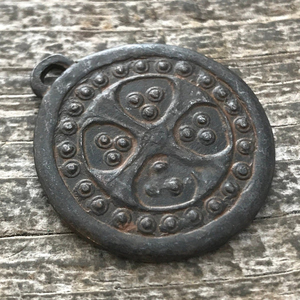 Load image into Gallery viewer, Bumpy Dotted Ancient Viking Cross Token, Antiqued Rustic Brown, Artisan Pendant Charm, BR-6072
