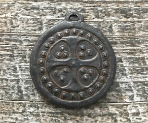 Bumpy Dotted Ancient Viking Cross Token, Antiqued Rustic Brown, Artisan Pendant Charm, BR-6072