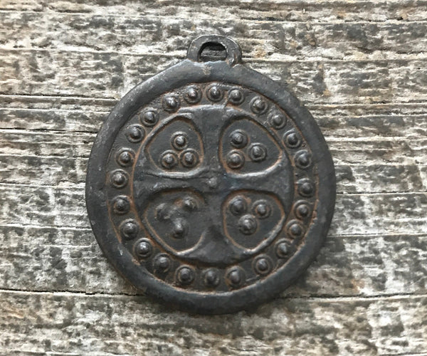 Load image into Gallery viewer, Bumpy Dotted Ancient Viking Cross Token, Antiqued Rustic Brown, Artisan Pendant Charm, BR-6072
