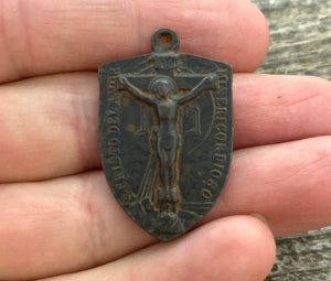 Virgin Mary Medal, Cross Pendant, Crucifix Shield, Antiqued Rustic Brown Rosary Parts, Catholic Religious Jewelry Supply, BR-6079