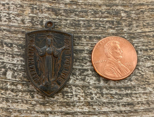 Virgin Mary Medal, Cross Pendant, Crucifix Shield, Antiqued Rustic Brown Rosary Parts, Catholic Religious Jewelry Supply, BR-6079
