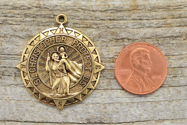 Load image into Gallery viewer, St. Christopher, Catholic Medal, Antique Gold Pendant, Medallion, Religious Charm, Compass, Saint, Religious, Protect Us, Key Chain, GL-6118
