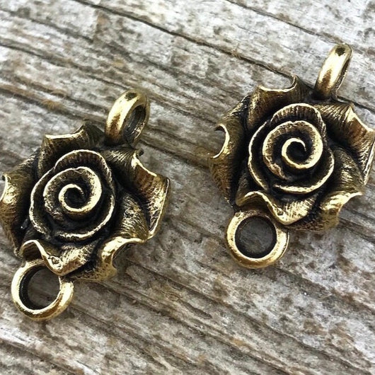 2 Rose Connector, Antiqued Gold Flower Connector, Metal Rose, Victorian 2 Way, GL-6007