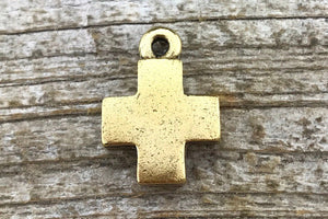 2 Cross Charm, Gold Cross, Small Cross, Antiqued Gold Cross, Block Cross, Modern Cross, Cross Pendant, GL-6011
