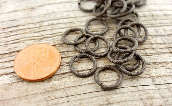 Load image into Gallery viewer, 11mm Large Jump Rings, Textured Jump Ring, Rustic Brown Antiqued Jump Rings, 11mm Brass Jump Rings, 10 rings, BR-3002
