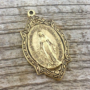 Mary Medal, Catholic Religious Charm, Miraculous Medal, Blessed Mother, Antiqued Gold Charm, Catholic Pendant, Religious Jewelry, GL-6043