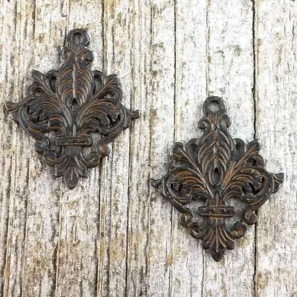 Load image into Gallery viewer, 2 Fleur de lis Charms, French Charm, Rustic Brown Charm, French Charm, Paris, Necklace, Earrings, Victorian Finding, Component, BR-6029
