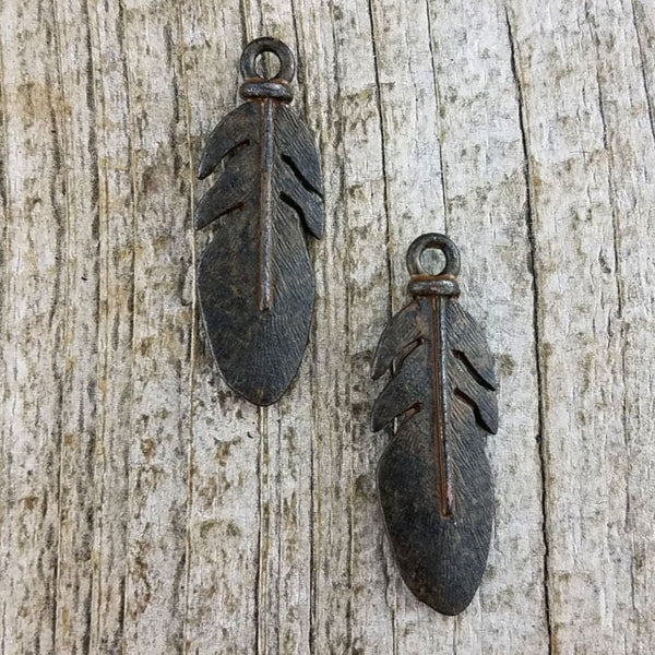 Load image into Gallery viewer, 2 Feather Charms, Feather Pendant, Rustic Feather, Nature Charm, Native American jewelry, Brown Feather, Tribal Jewelry Making BR-6017
