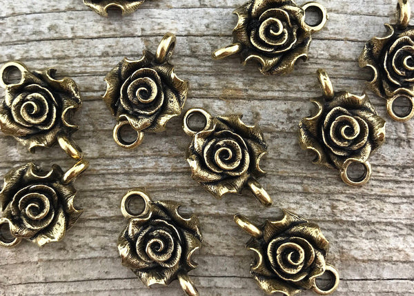 Load image into Gallery viewer, 2 Rose Connector, Antiqued Gold Flower Connector, Metal Rose, Victorian 2 Way, GL-6007
