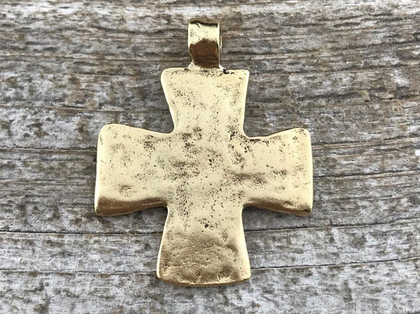 Load image into Gallery viewer, Hammered Cross Pendant, Gold Cross, Leather Pendant, Artisan Cross, Religious Jewelry, Cross Charm, Christian Jewelry, Gift for Her, GL-6138
