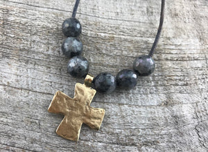 Hammered Cross Pendant, Gold Cross, Leather Pendant, Artisan Cross, Religious Jewelry, Cross Charm, Christian Jewelry, Gift for Her, GL-6138