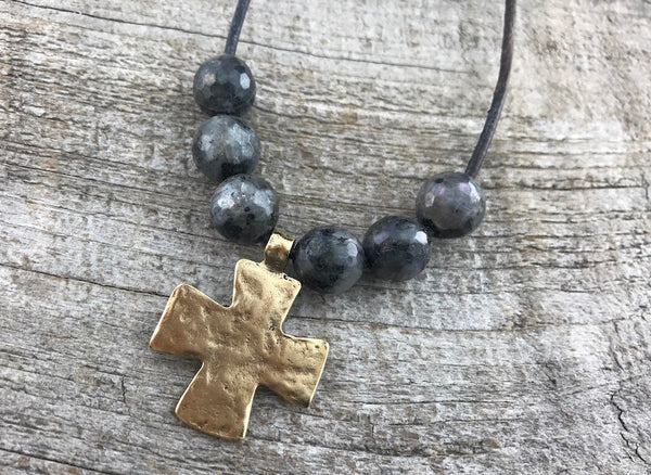 Load image into Gallery viewer, Hammered Cross Pendant, Gold Cross, Leather Pendant, Artisan Cross, Religious Jewelry, Cross Charm, Christian Jewelry, Gift for Her, GL-6138
