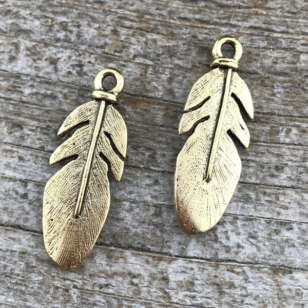 Load image into Gallery viewer, 2 Feather Charms, Feather Pendant, Gold Feather, Nature Charm, Tribal Charm, Native American Jewelry Necklace, Jewelry Making GL-6017
