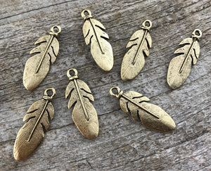 2 Feather Charms, Feather Pendant, Gold Feather, Nature Charm, Tribal Charm, Native American Jewelry Necklace, Jewelry Making GL-6017