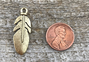 2 Feather Charms, Feather Pendant, Gold Feather, Nature Charm, Tribal Charm, Native American Jewelry Necklace, Jewelry Making GL-6017