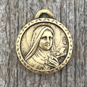 Catholic Medal, Religious Charm, Miraculous Medal, St. Therese de Lisieux, Antiqued Gold, St. Theresa Jewelry, GL-6030