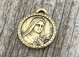 Catholic Medal, Religious Charm, Miraculous Medal, St. Therese de Lisieux, Antiqued Gold, St. Theresa Jewelry, GL-6030