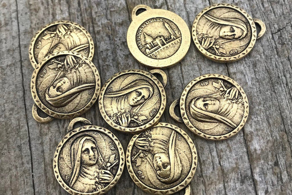 Load image into Gallery viewer, Catholic Medal, Religious Charm, Miraculous Medal, St. Therese de Lisieux, Antiqued Gold, St. Theresa Jewelry, GL-6030
