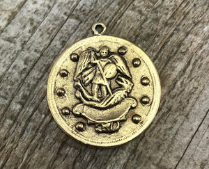 St. Michael, Catholic Medal, Antique Gold Pendant, Archangel Michael, Religious Charm, Protect Us, Protection Christian Jewelry, GL-6032