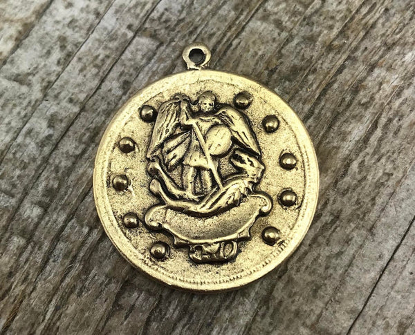 Load image into Gallery viewer, St. Michael, Catholic Medal, Antique Gold Pendant, Archangel Michael, Religious Charm, Protect Us, Protection Christian Jewelry, GL-6032
