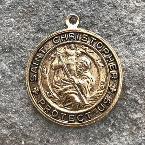 St. Christopher, Catholic Medal, Antique Gold Pendant, Medallion, Religious Charm, Religious Jewelry, Protect Us, Key Chain, GL-6093