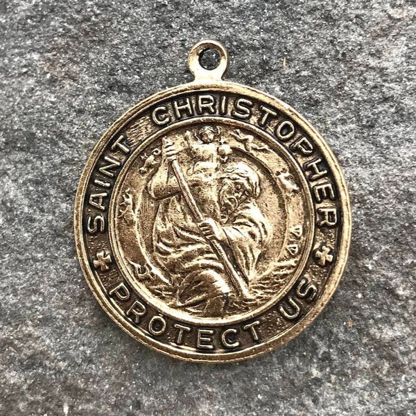 Load image into Gallery viewer, St. Christopher, Catholic Medal, Antique Gold Pendant, Medallion, Religious Charm, Religious Jewelry, Protect Us, Key Chain, GL-6093
