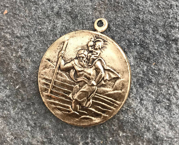Load image into Gallery viewer, St. Christopher, Catholic Medal, Antique Gold Pendant, Medallion, Religious Charm, Religious Jewelry, Protect Us, Key Chain, GL-6093
