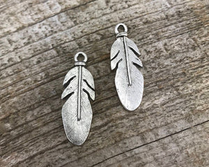2 Feather Charms, Feather Pendant, Silver Feather, Nature Charm, Tribal Charm, Native American Jewelry, Feather Necklace, SL-6017