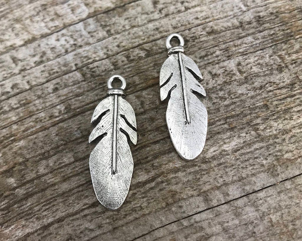 Load image into Gallery viewer, 2 Feather Charms, Feather Pendant, Silver Feather, Nature Charm, Tribal Charm, Native American Jewelry, Feather Necklace, SL-6017
