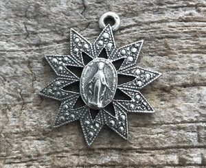 Miraculous Medal, Mary Medal, Star Charm, Silver Medal Charm, Religious Art Deco Charm, Rosary, Catholic Pendant, Christian Jewelry, PW-6033