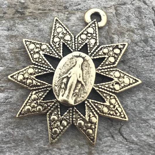 Miraculous Medal, Mary Medal, Star Charm, Gold Medal Charm, Religious Art Deco Charm, Rosary, Catholic Pendant, Christian Jewelry, GL-6033
