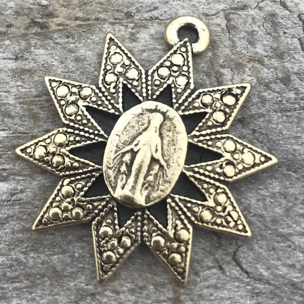 Load image into Gallery viewer, Miraculous Medal, Mary Medal, Star Charm, Gold Medal Charm, Religious Art Deco Charm, Rosary, Catholic Pendant, Christian Jewelry, GL-6033
