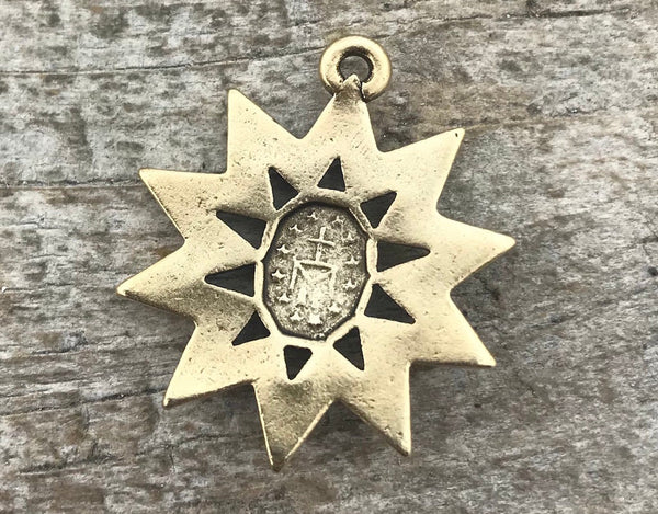 Load image into Gallery viewer, Miraculous Medal, Mary Medal, Star Charm, Gold Medal Charm, Religious Art Deco Charm, Rosary, Catholic Pendant, Christian Jewelry, GL-6033
