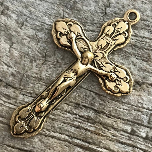 Large Crucifix, Large Cross Pendant, Antique Gold Crucifix, Gold Rosary Parts, Floral Cross, Catholic Religious Jewelry Supply, GL-6036