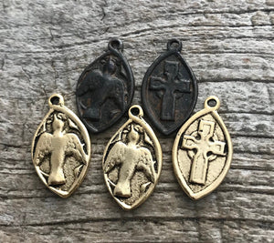 2 Cross Charm, Dove Charm, Holy Spirit Medal, Bird Charm, Religious Jewelry, Saint Esprit, Rustic Brown Cross, Jewelry Making, BR-6037