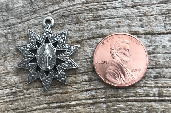 Load image into Gallery viewer, Miraculous Medal, Mary Medal, Star Charm, Silver Medal Charm, Religious Art Deco Charm, Rosary, Catholic Pendant, Christian Jewelry, PW-6033

