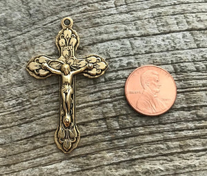 Large Crucifix, Large Cross Pendant, Antique Gold Crucifix, Gold Rosary Parts, Floral Cross, Catholic Religious Jewelry Supply, GL-6036