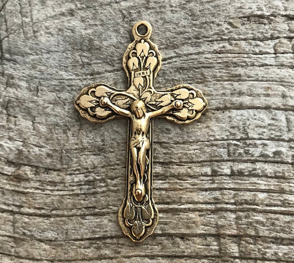 Load image into Gallery viewer, Large Crucifix, Large Cross Pendant, Antique Gold Crucifix, Gold Rosary Parts, Floral Cross, Catholic Religious Jewelry Supply, GL-6036
